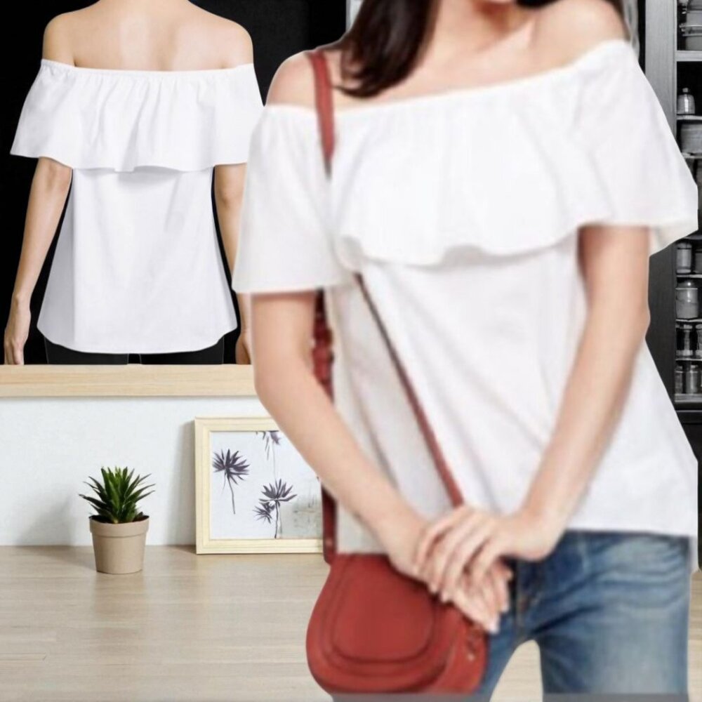 NWT MICHAEL KORS ( S ) White Off Shoulder Ruffle Pullover Blouse